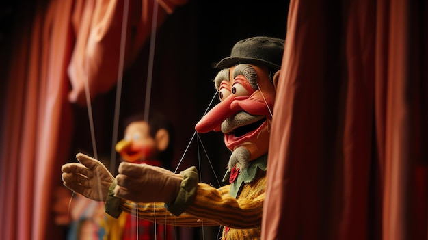 Uma marioneta com um nariz longo e um bigode está se apresentando em um palco A marioneta está usando um chapéu e um colete O fundo está fora de foco