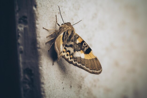 Uma mariposa em uma parede com um padrão preto e branco.