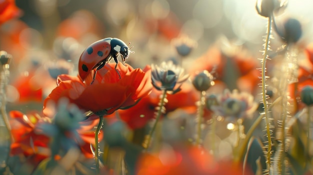 uma mariposa está sentada em uma flor em um campo de flores