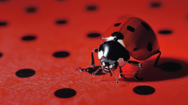 Uma mariposa vermelha com manchas pretas está sentada em uma superfície vermelha A mariposa está em foco e o fundo está desfocado