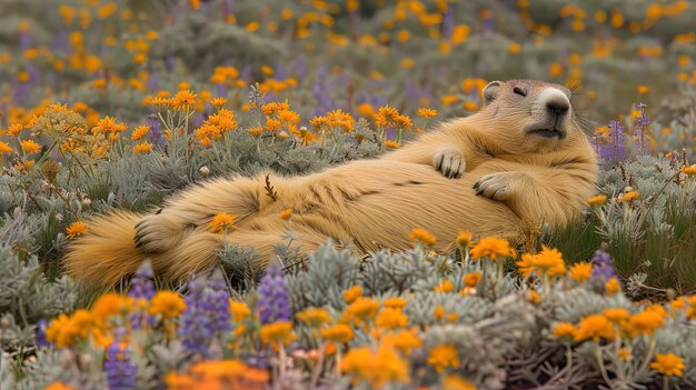 Uma marmota descansando em um pedaço de luz solar tomando o calor enquanto se relaxa em uma cama de macio