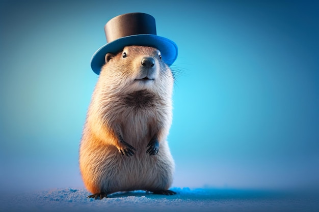 Uma marmota em uma cartola na neve sobre fundo azul