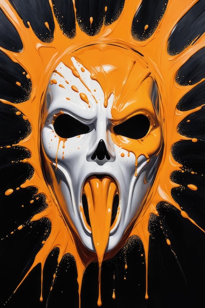 Foto uma máscara assustadora encharcada de tinta laranja