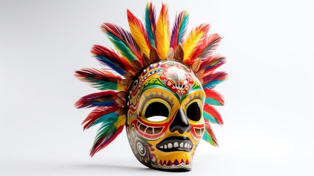 Uma máscara colorida com penas é feita pelo povo mexicano