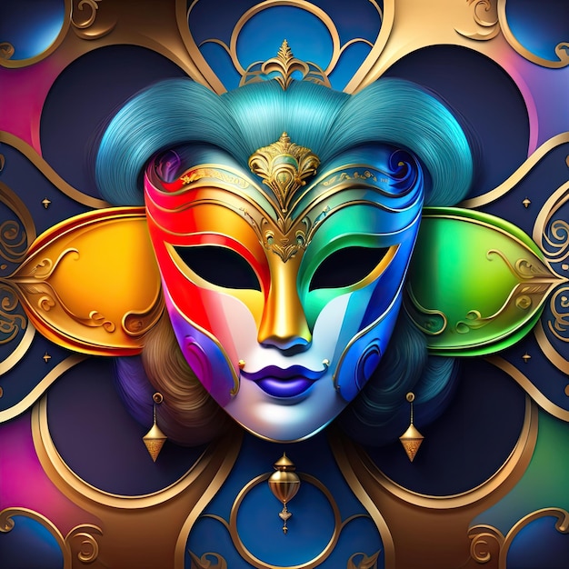uma máscara colorida com um fundo colorido e um desenho colorido.