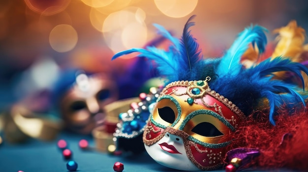 Uma máscara de carnaval está sobre uma mesa com outras decorações.