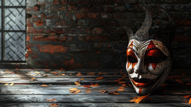 Uma máscara de carnaval está sobre uma velha mesa de madeira contra o fundo de uma parede de tijolos Banner