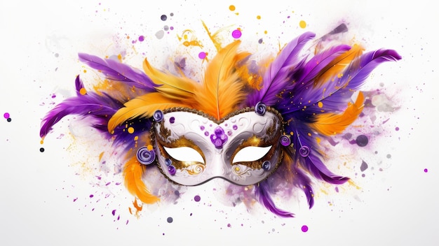 Uma máscara de carnaval vibrante adornada com penas e salpicos de pintura simboliza a festividade