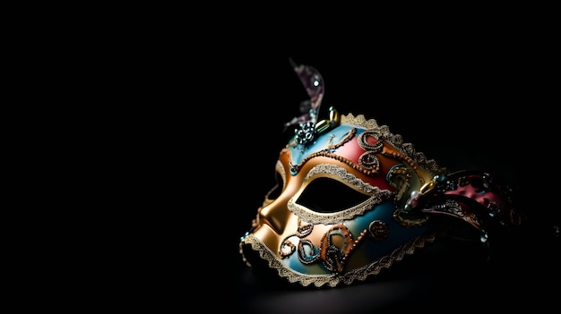Uma máscara de cor azul e dourada com uma borboleta prateada na frente.