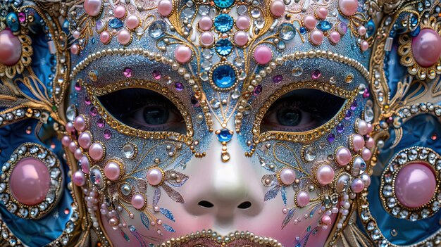 Uma máscara de mascarada glamurosa adornada com lanternas brilhantes e pedras preciosas iridescentes capturando o
