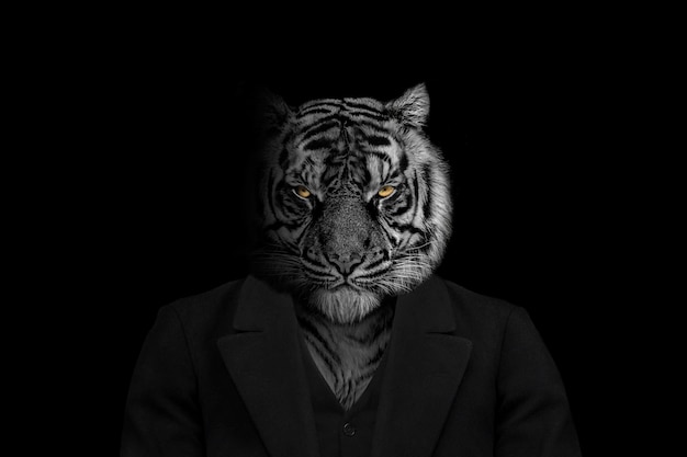 Uma máscara de tigre com fundo preto e um terno preto.