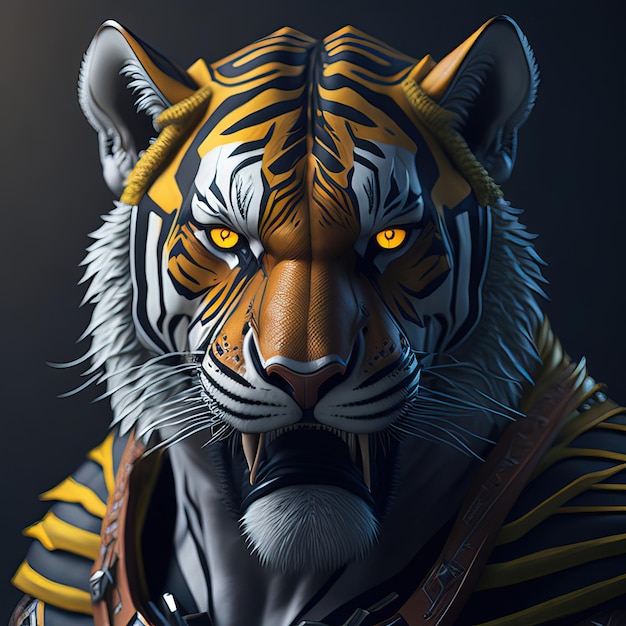 Uma máscara de tigre com olhos amarelos e fundo preto.