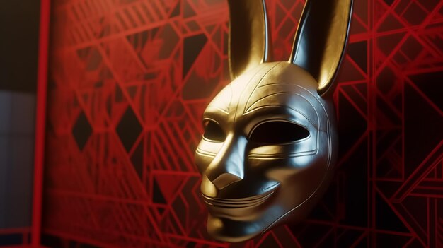 Uma máscara dourada com fundo preto e fundo vermelho com as palavras coelho