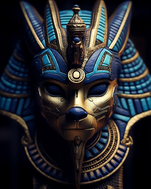 Uma máscara egípcia azul com rosto dourado e olhos azuis
