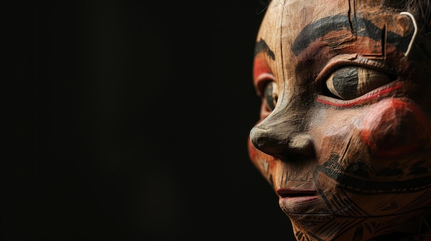 Uma máscara tribal esculpida e pintada com uma expressão solene