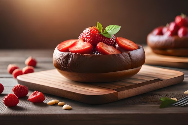 Uma massa de chocolate com morangos por cima