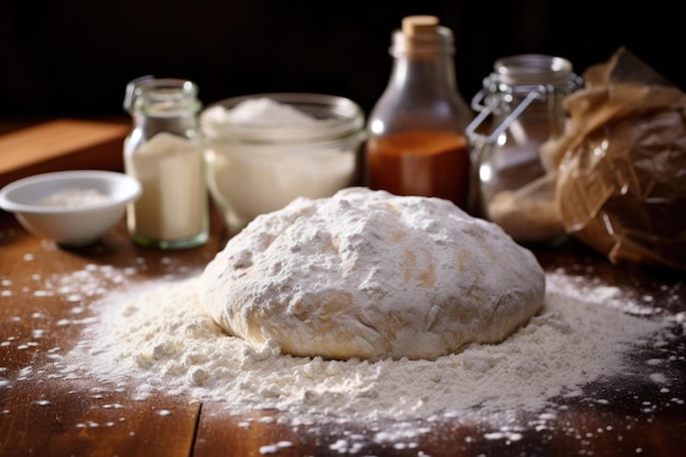 Uma massa de pão amassada para venda de bolos de caridade no Boxing Day em uma mesa coberta de farinha