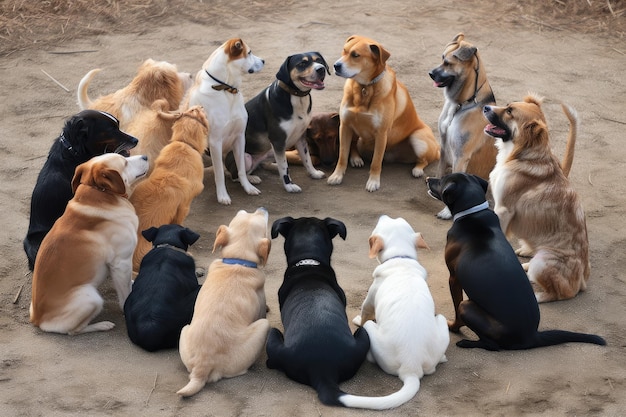 Uma matilha de cachorros sentados em círculo olhando uns para os outros criados com IA generativa