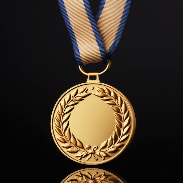 Uma medalha de ouro com fita azul e branca