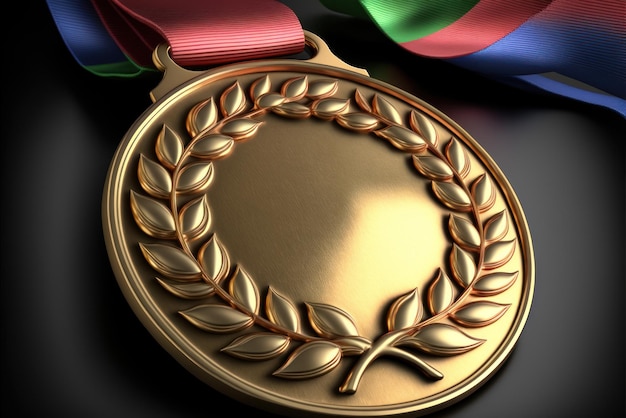 Uma medalha de ouro com uma fita que diz 'vitória' nela