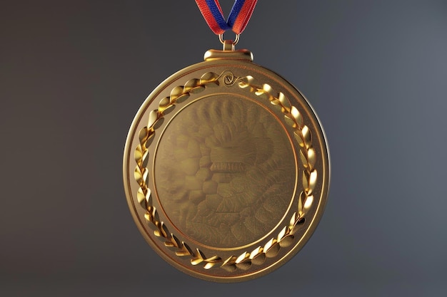 Uma medalha de ouro com uma fita vermelha e azul