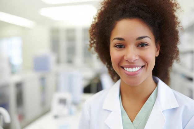 Foto uma médica com um casaco de laboratório branco e uma camisa verde