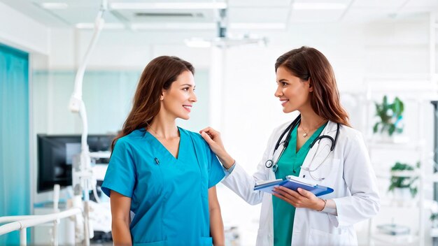 Foto uma médica com um estetoscópio e uma médica de uniforme azul