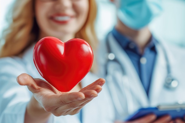 Uma médica de jaleco branco segura um coração vermelho na palma da mão