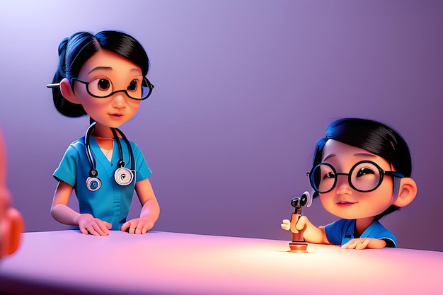 Foto uma médica escuta os seus pacientes, o coração com o estetoscópio a criança pequena