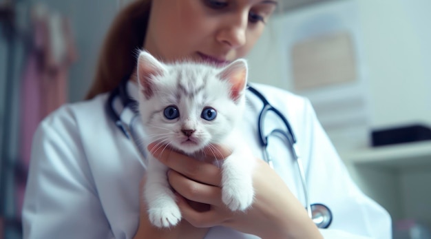 Uma médica segurando um gatinho branco com um estetoscópio no pescoço.