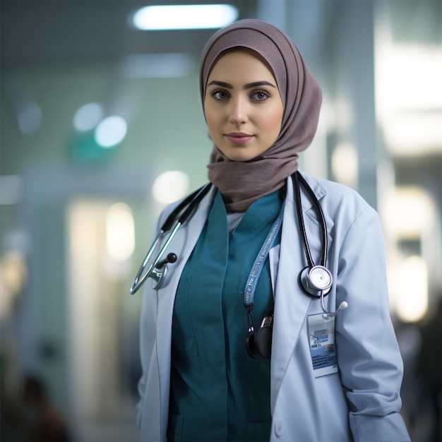 Foto uma médica vestindo um hijab com um estetoscópio