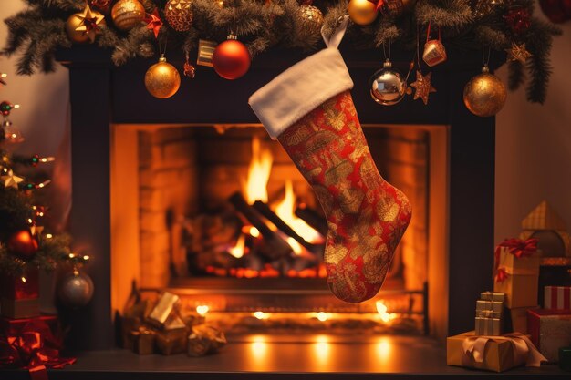 Uma meias de Natal para presentes penduradas em uma lareira acesa em uma sala aconchegante decorada para a celebração do Ano Novo
