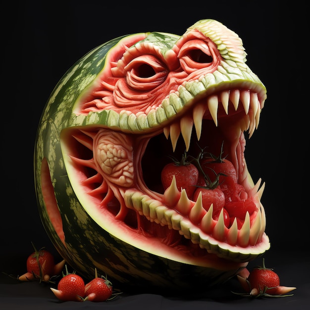 uma melancia com cabeça e dentes de dinossauro
