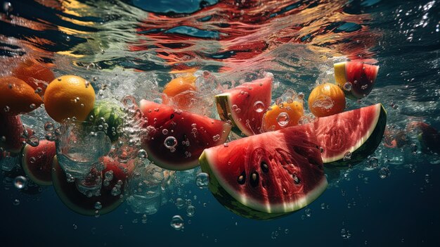 uma melancia está sendo salpicada com água e frutas