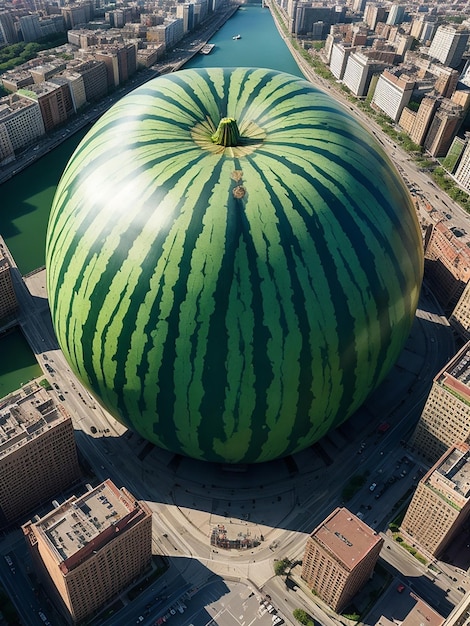 Foto uma melancia gigante aparece no meio de uma rua do centro da cidade