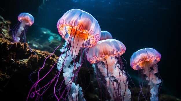 Foto uma melancia hipnotizante floresce seus corpos translúcidos brilhando etéreamente na escuridão dos oceanos