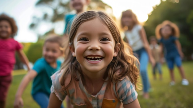 Uma menina a brincar com os amigos no parque, a sorrir e a divertir-se, o sol a brilhar e os pássaros a cantar.