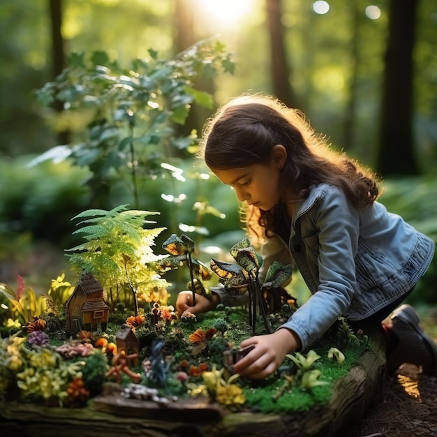 Foto uma menina a brincar com uma floresta de brinquedos