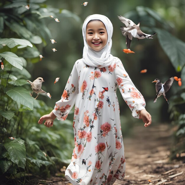 Uma menina a caminhar na selva de pássaros