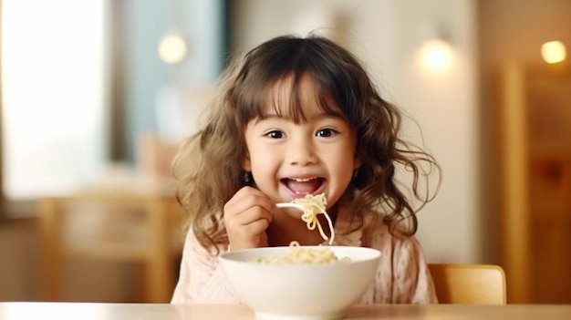 Foto uma menina a comer uma tigela de macarrão