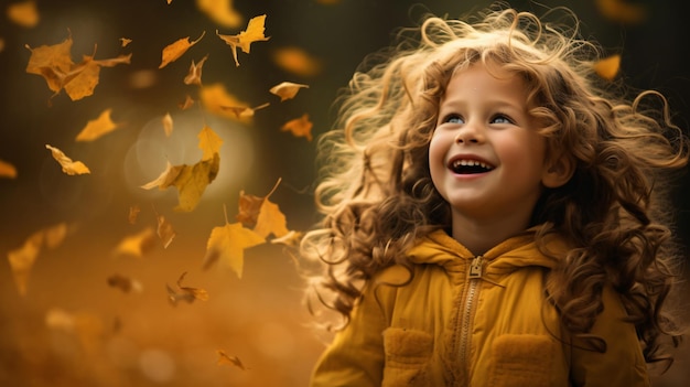 Uma menina a desfrutar das folhas caídas do outono