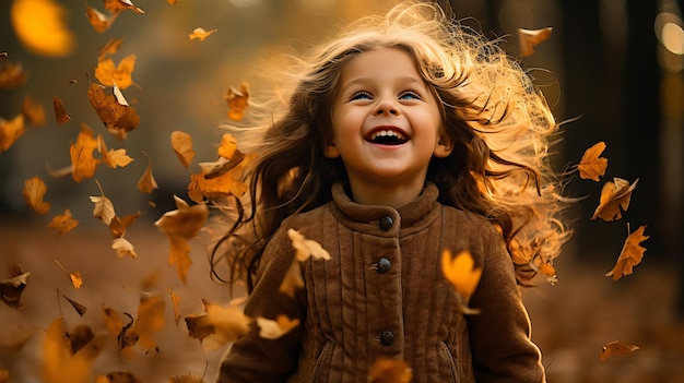 Uma menina a desfrutar das folhas caídas do outono