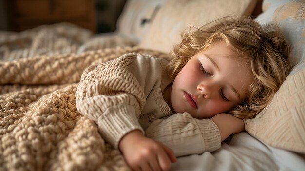 Uma menina a dormir numa cama com os olhos fechados.