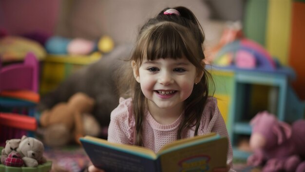 Uma menina a ler um livro num estúdio.