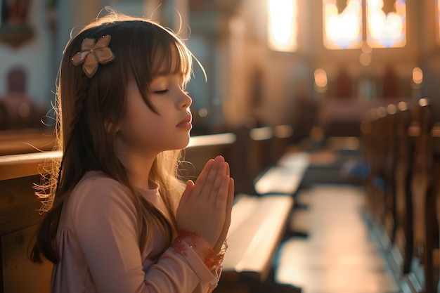 Uma menina a rezar numa igreja.