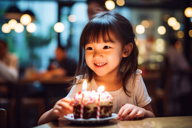 Uma menina a soprar velas no bolo de aniversário dele.