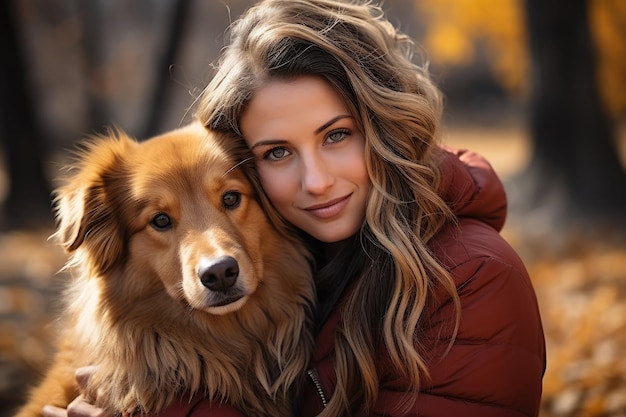 Foto uma menina abraça seu cachorro depois de uma caminhada no parque