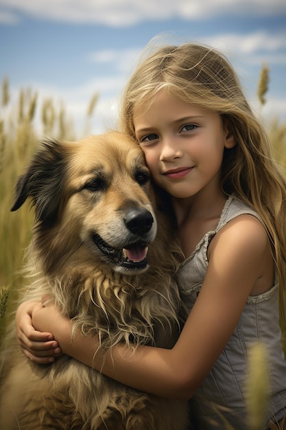 Uma menina abraça um cão em um campo em um dia de verão AIGenerative AI