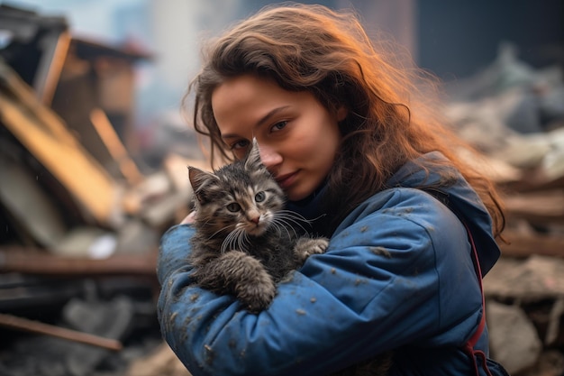 Uma menina abraça um gato resgatado contra o fundo de edifícios destruídos