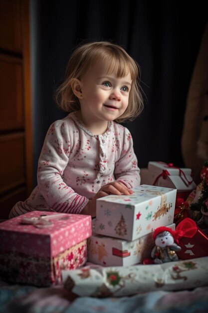 Uma menina adorável a desfrutar dos presentes na manhã de Natal.